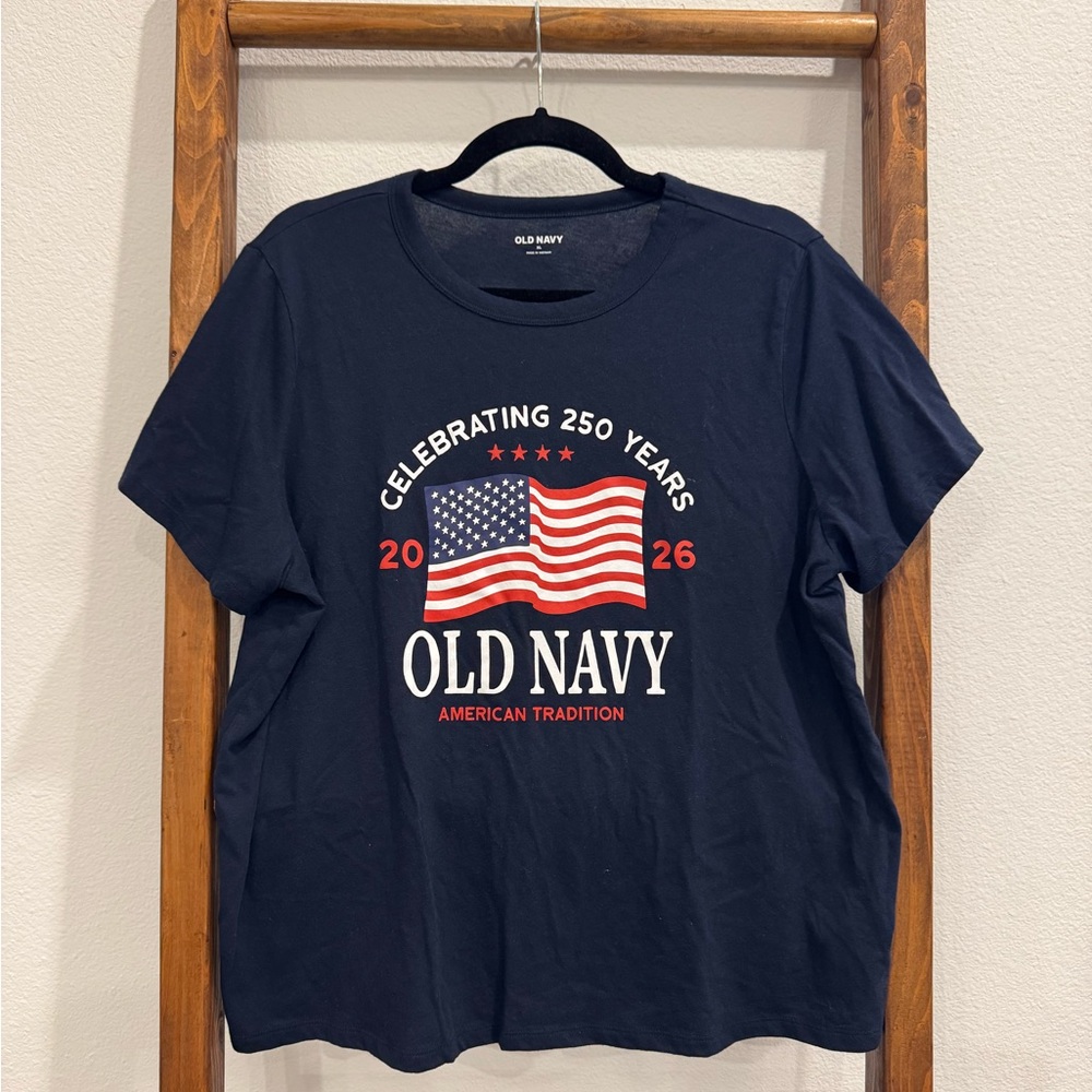 Old Navy Navy Short Sleeve Tee with Red White and Blue Flag Graphic